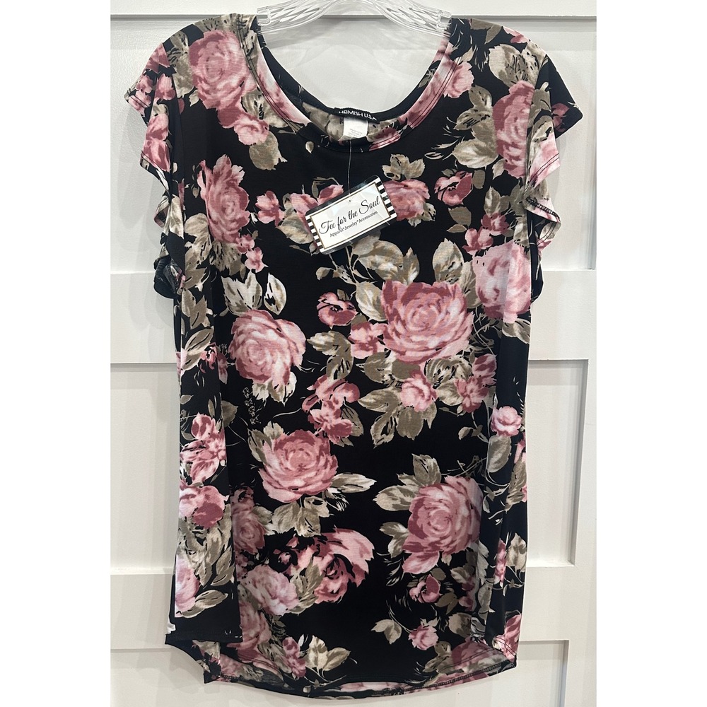 Heimish USA Simple Sass Black Mauve Floral Top Large Flutter Sleeve T7030BK